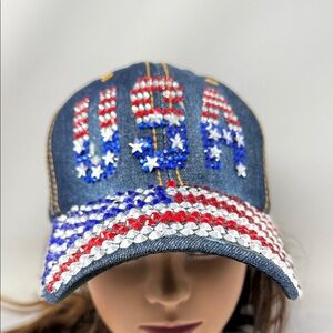 USA Rhinestone Denim Baseball Cap Bling Patriotic Hat Red White Blue Sparkly